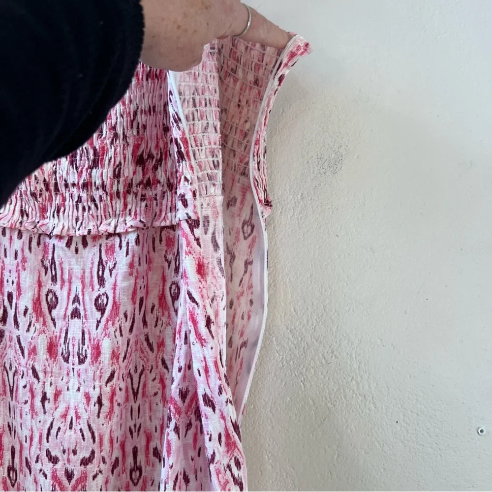 ZARA NWT 2024 Pink Linen Blend Printed Midi Dress Ruched Elastic Top Size XL - Picture 10 of 13